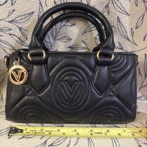 Valentino Orlandi Black and Gold Crossbody Mini Tote Bag with Quilted Design